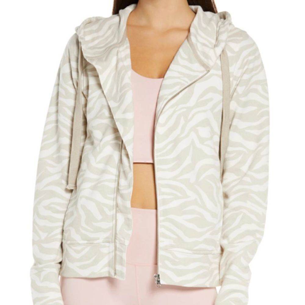 Zella French Terry Cream and White Zebra Zip Hoodie